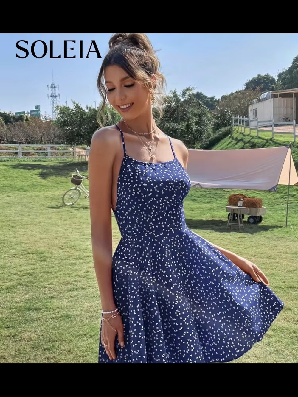 SHEIN Navy Blue Floral Backless Spaghetti-Strap Dress